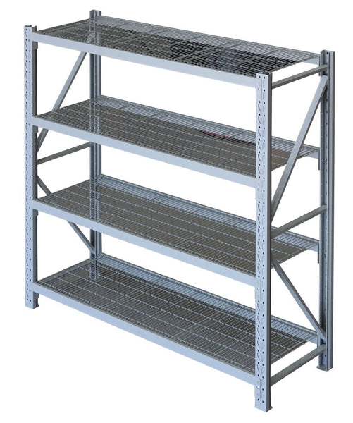 VISIPLAS LongSpan Shelving four shelf mesh panel starter bay raised angle view 