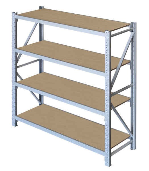 VISIPLAS LongSpan four Shelf Particle Board Starter Bay Raised Angle View 