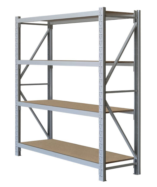 VISIPLAS LongSpan 4 shelf particle board starter bay angle view 