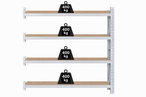 VISIPLAS LongSpan shelving, four shelf particle board, add-on bay , front view with weights