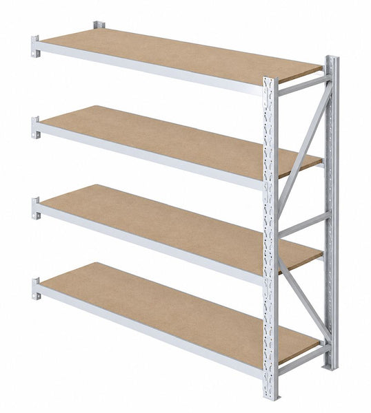 VISIPLAS LongSpan shelving four shelf particle board add-on bay raised angle view