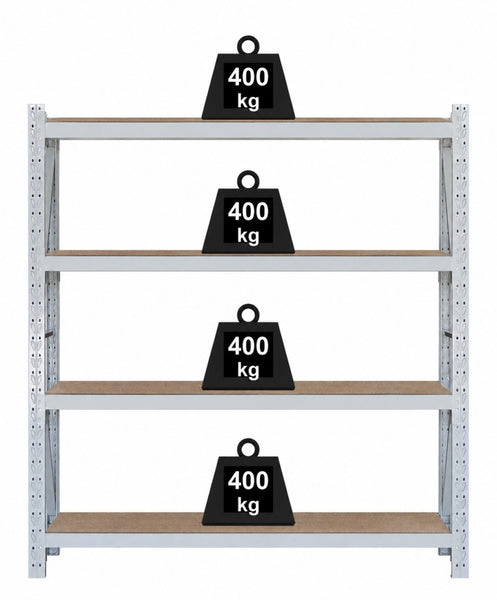Four-shelf particle board shelving starter bay front view showing 400 kg per shelf