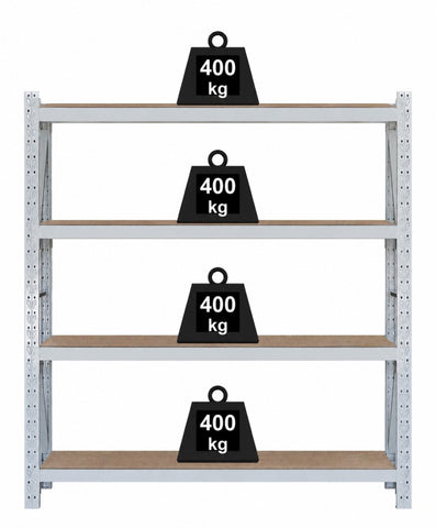 Four-shelf particle board shelving starter bay front view showing 400 kg per shelf