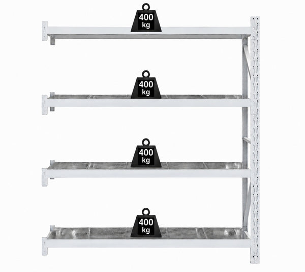 VISIPLAS LongSpan Shelving 4 Shelf Steel Panel Add-on Bay Front View with Weights