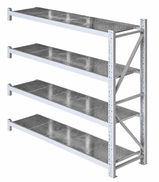 VISIPLAS longspan shelving 4-shelf steel panel add-on bay raised angle view