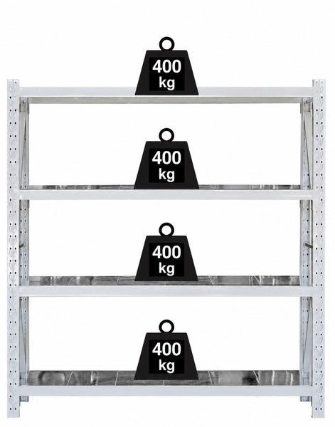 Visiplas longspan shelving. Four shelf steel panel starter bay, front view, with 400 kg per shelf weights.