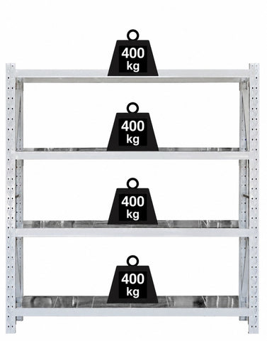Visiplas longspan shelving. Four shelf steel panel starter bay, front view, with 400 kg per shelf weights.