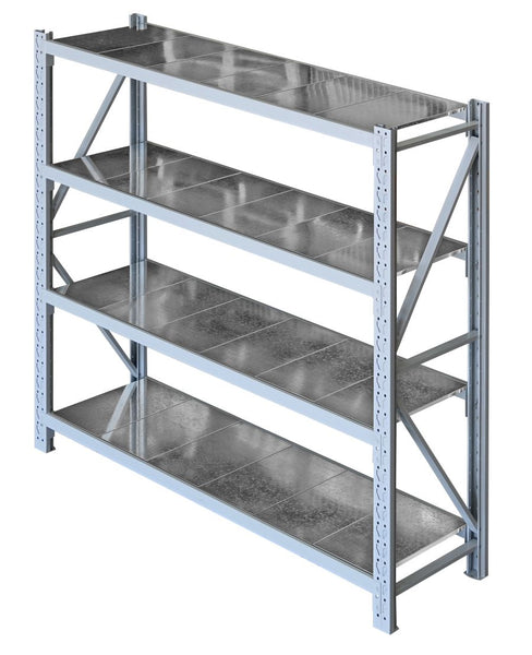 VSIPLAS LongSpan Shelving four shelf steel panel starter bay raised angle view 