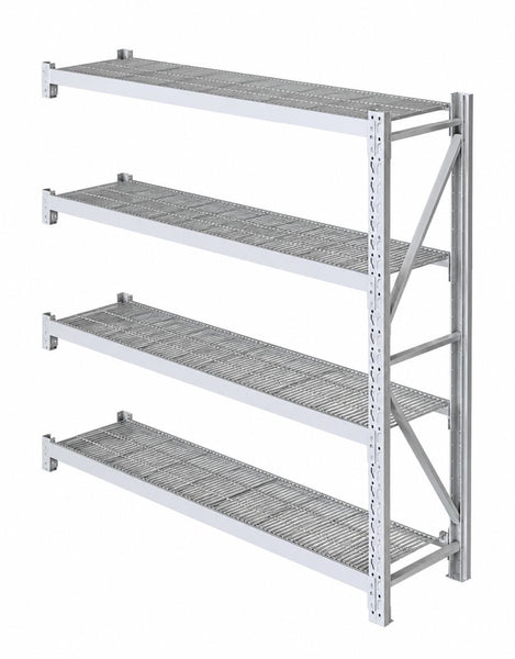 VISIPLAS LongSpan shelving four shelf wire mesh add-on bay angle view