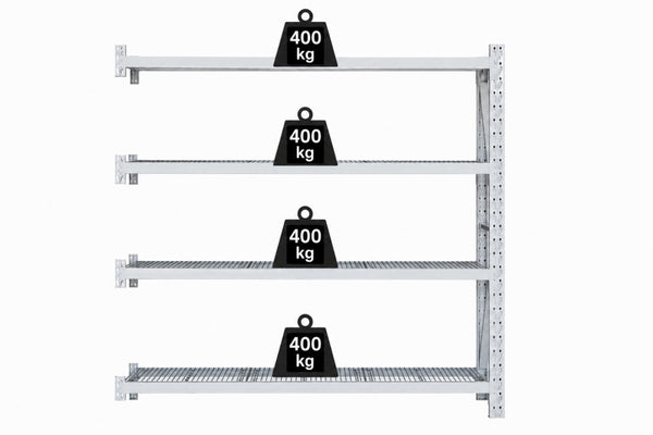 Visiplas LongSpan shelving, four shelf wire mesh add-on bay, front view with weights