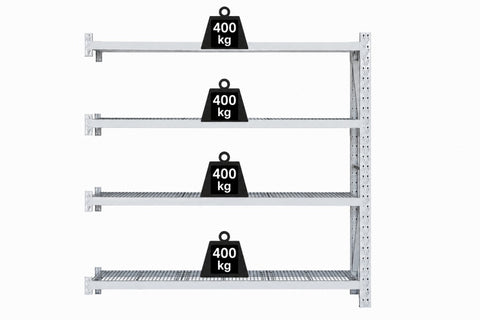 Visiplas LongSpan shelving, four shelf wire mesh add-on bay, front view with weights