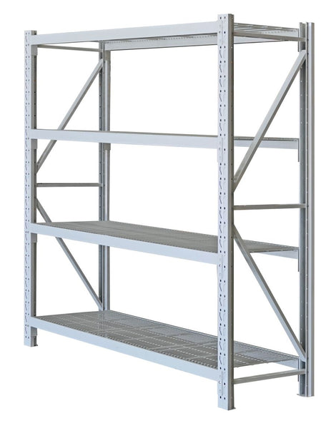 VISIPLAS LongSpan Shelving four shelf mesh panels starter bay Angle View. 