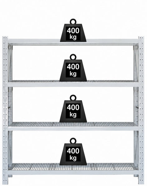 VISIPLAS longspan shelving four shelf mesh panel starter bay front view with 400kg per shelf weights.