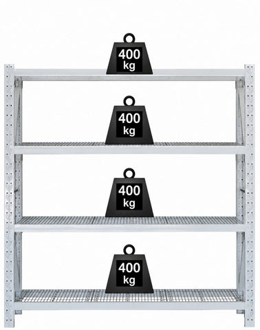 VISIPLAS longspan shelving four shelf mesh panel starter bay front view with 400kg per shelf weights.