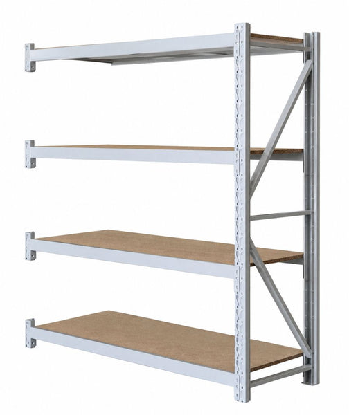 VISIPLAS LongSpan shelving four shelf particle board add-on bay angle view