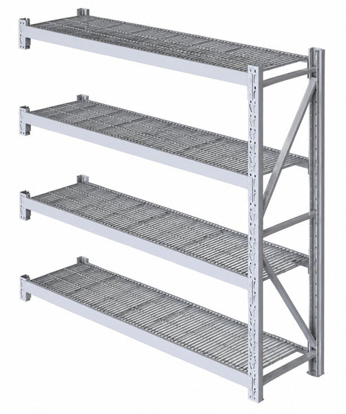 VISIPLAS LongSpan Shelving 4-shelf wire mesh add-on bay raised angle view