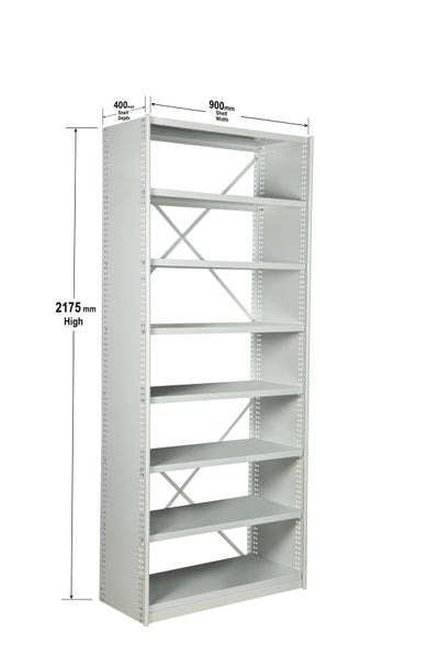 Angled view with dimensions of BS203 Steel Shelving Kit with 8 Shelves