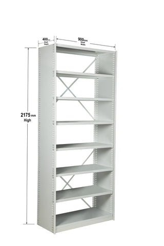 Angled view with dimensions of BS203 Steel Shelving Kit with 8 Shelves