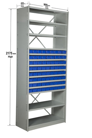 Angled View with dimensions of VISIPLAS BS219 Steel Shelving Kit with 14 Shelves and 72 x AT40 Parts Trays