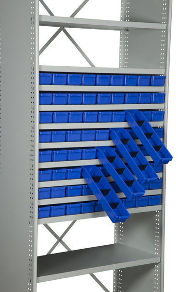Tilted Parts Trays in BS219 Steel Shelving Kit with 14 Shelves and 72 x AT40 Parts Trays Tilted