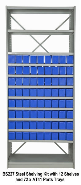 BS227 Steel Shelving Kit with 12 Shelves and 72 x AT41 Parts Trays