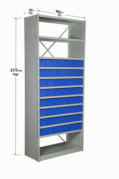 Angled View with Dimensions of VISIPLAS BS237 Steel Shelving Kit with 12 Shelves and 48 x AT42 Parts Trays