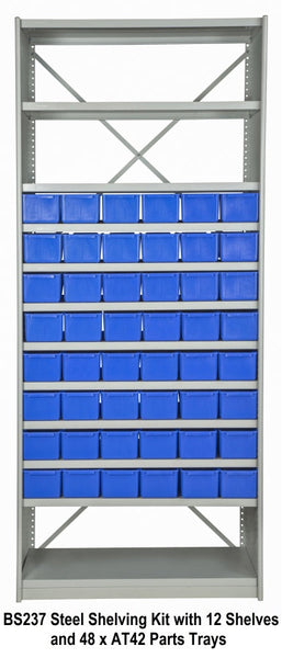 BS237 Steel Shelving Kit with 12 Shelves and 48 x AT42 Parts Trays