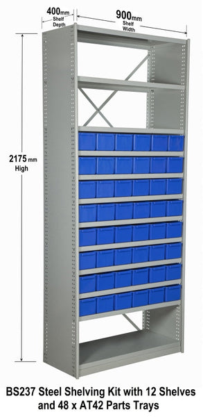 BS237 Steel Shelving Kit with 12 Shelves and 48 x AT42 Parts Trays