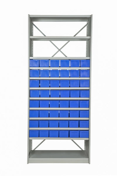 Front View of VISIPLAS BS237 Steel Shelving Kit with 12 Shelves and 48 x AT42 Parts Trays