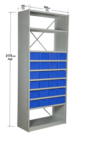 Angled View with Dimensions of VISIPLAS BS245 Steel Shelving Kit with 10 Shelves and 24 x AT43 Parts Trays