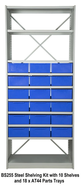 BS255 Steel Shelving Kit with 10 Shelves and 18 x AT44 Parts Trays