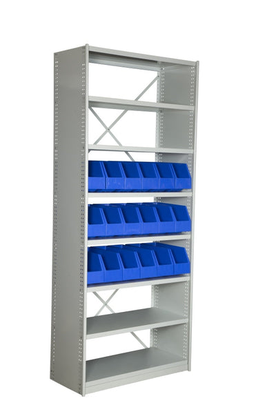 Angled View of VISIPLAS BS263 Steel Shelving Kit with 8 Shelves and 18 x AP42 Picking Bins