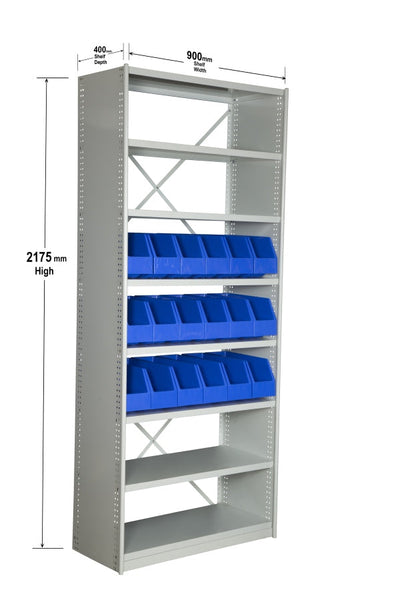 Angled View with Dimensions of VISIPLAS BS263 Steel Shelving Kit with 8 Shelves and 18 x AP42 Picking Bins