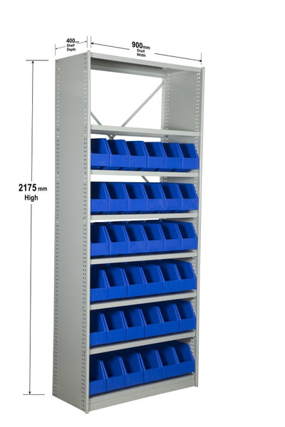 Angled View with Dimensions of VISIPLAS BS264 Steel Shelving Kit with 8 Shelves and 36 x AP42 Picking Bins