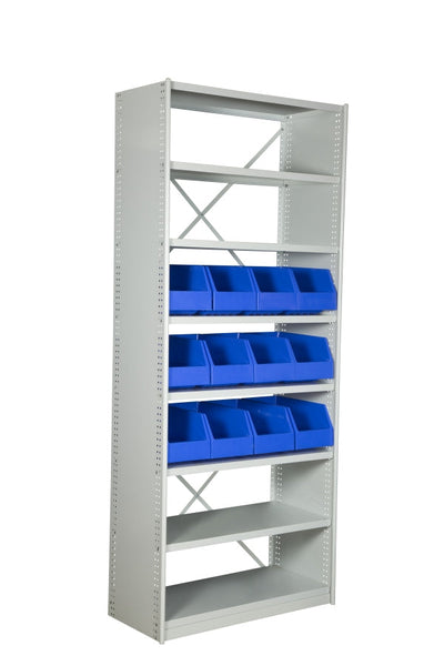 Angled View of VISIPLAS BS273 Steel Shelving Kit with 8 Shelves and 12 x AP43 Picking Bins