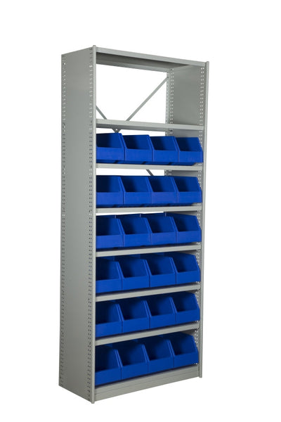 Angled View of VISIPLAS BS274 Steel Shelving Kit with 8 Shelves and 24 x AP43 Picking Bins