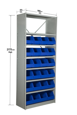 Angled View with Dimensions of VISIPLAS BS274 Steel Shelving Kit with 8 Shelves and 24 x AP43 Picking Bins