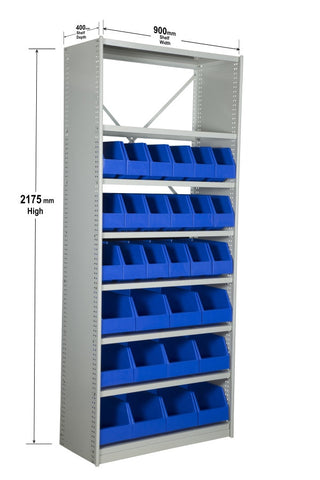 Angled View with Dimensions of VISIPLAS BS283 Steel Shelving Kit with 8 Shelves, 18xAP42 and 12xAP43 Picking Bins