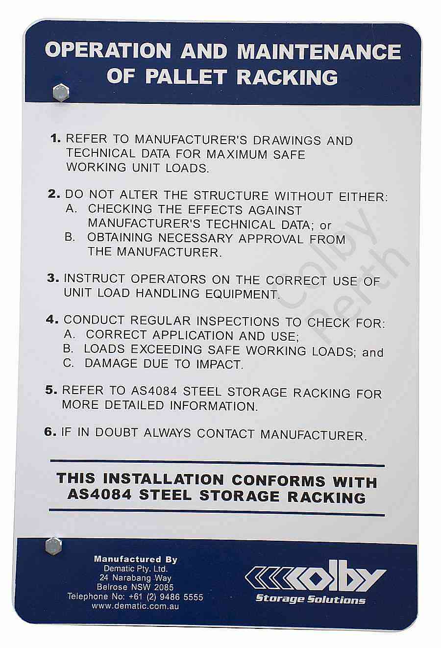 SO Colby Operation and Maintenance Sign with Fixing Hardware - Colby Perth