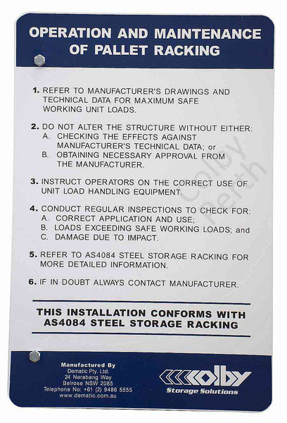 Maintenance Racking Signs SO Colby Operation and Maintenance Sign with Fixing Hardware - Colby Perth